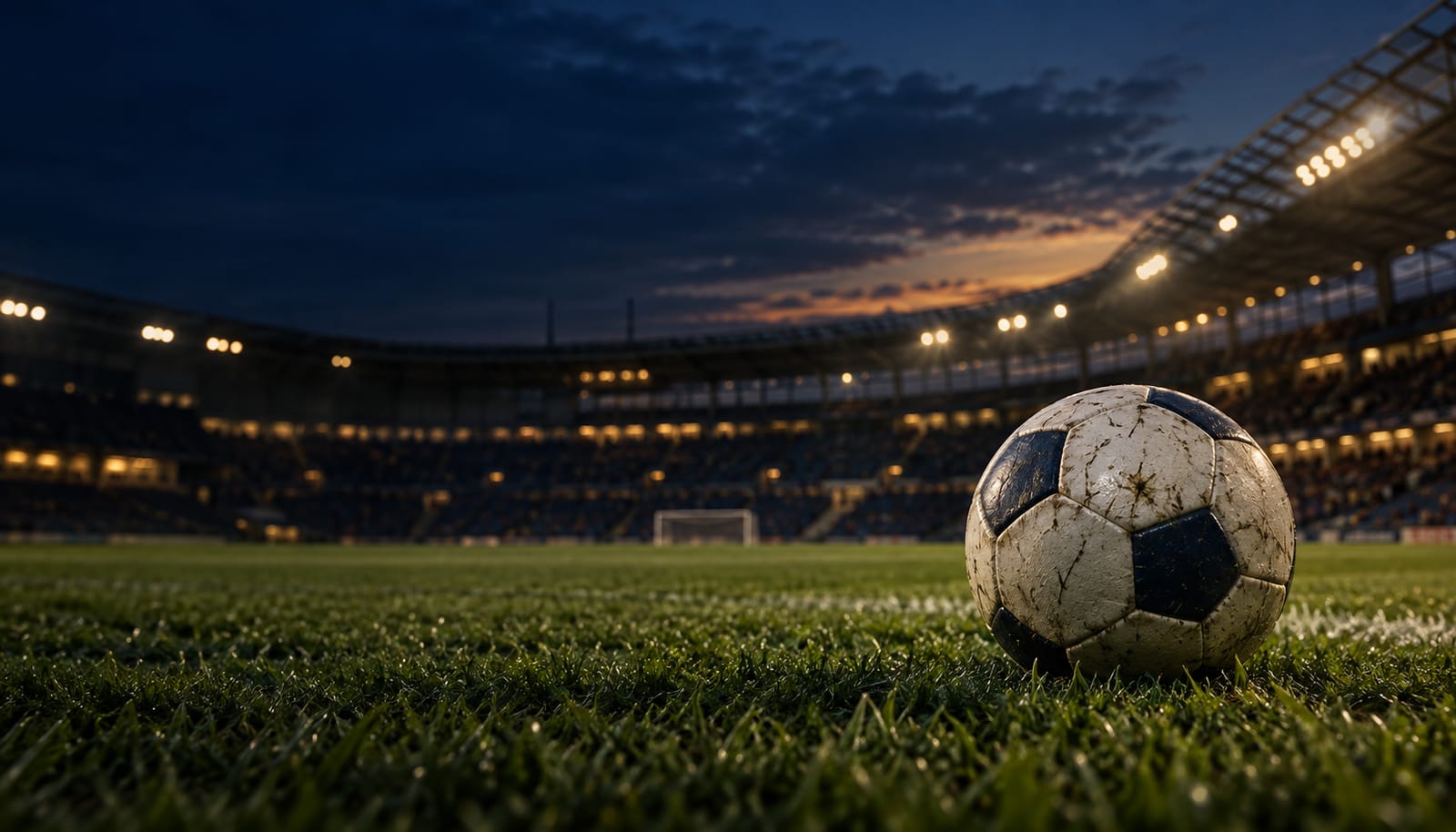 AI-generated football resting on grass in a fictional floodlit stadium at dusk