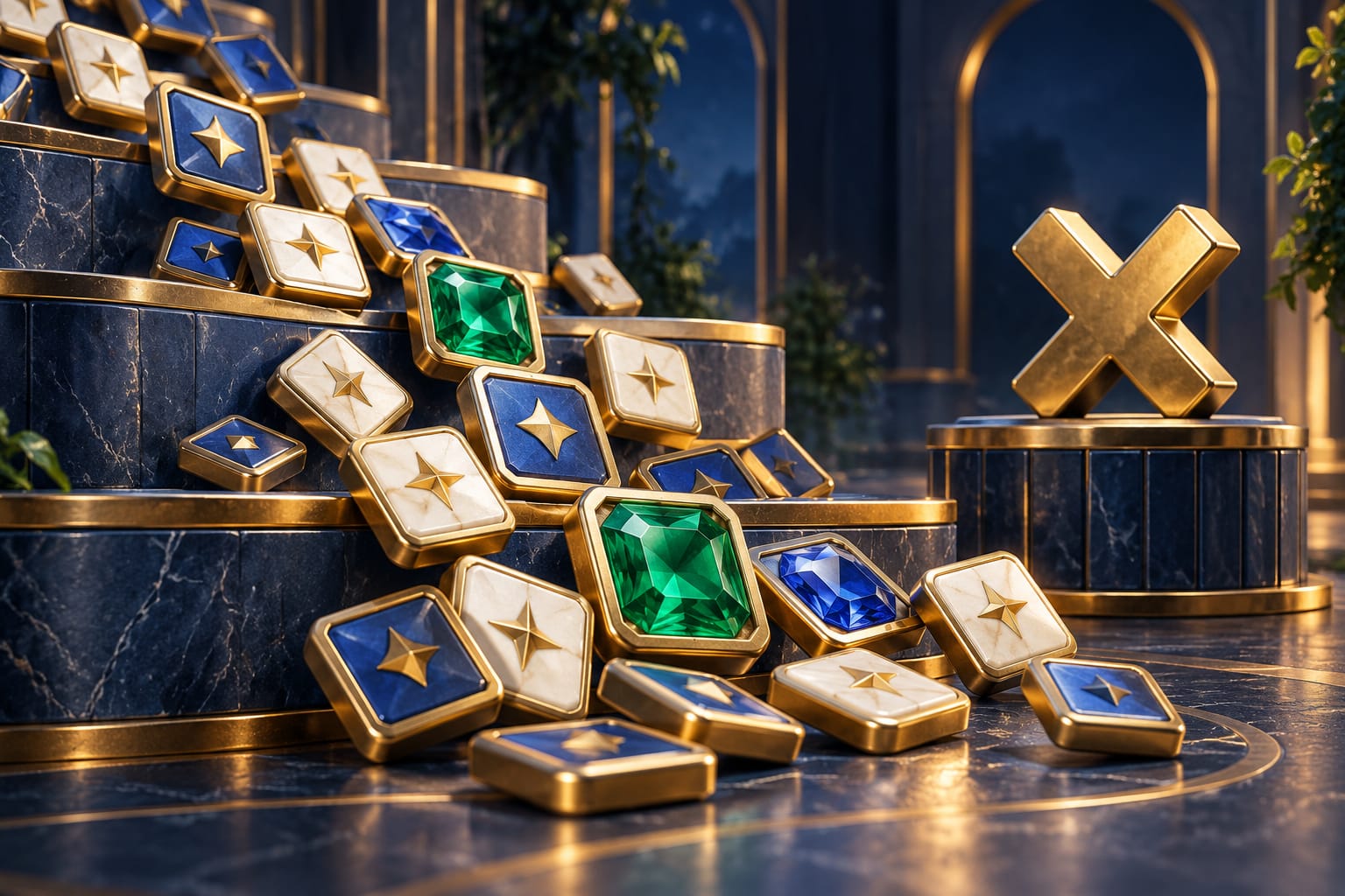 Original AI game-feature illustration with cascading jewel tiles and a multiplication symbol