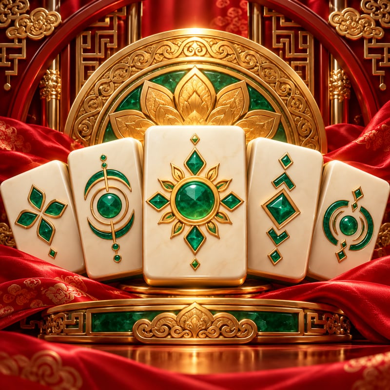 Original AI illustration of ivory game tiles with invented jade motifs on red silk