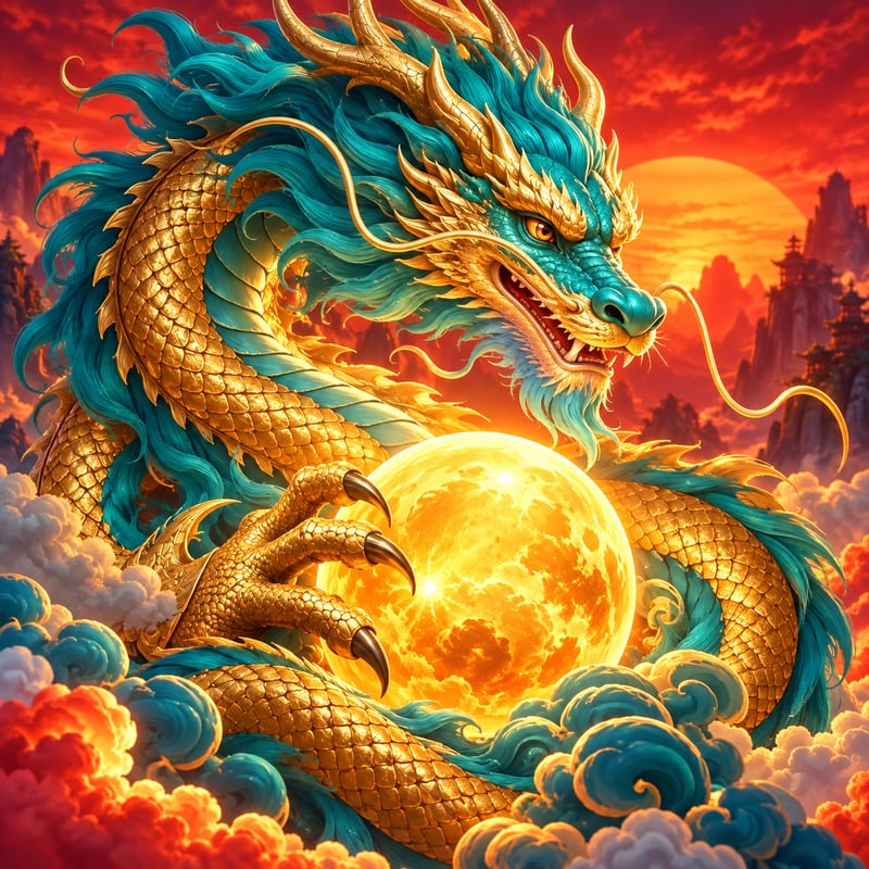 Original AI illustration of a turquoise and gold mythical dragon holding an amber orb
