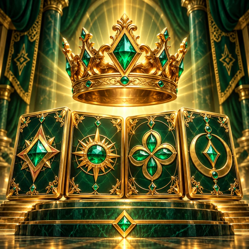 Original AI game-theme illustration of an emerald crown and unbranded jewel cards