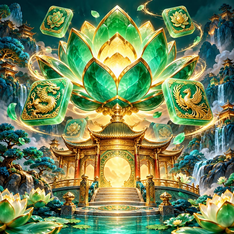Original AI illustration of an emerald lotus, jade tiles and a golden fantasy pavilion