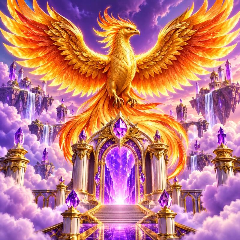 Original AI game-theme illustration of a golden phoenix above an amethyst gate
